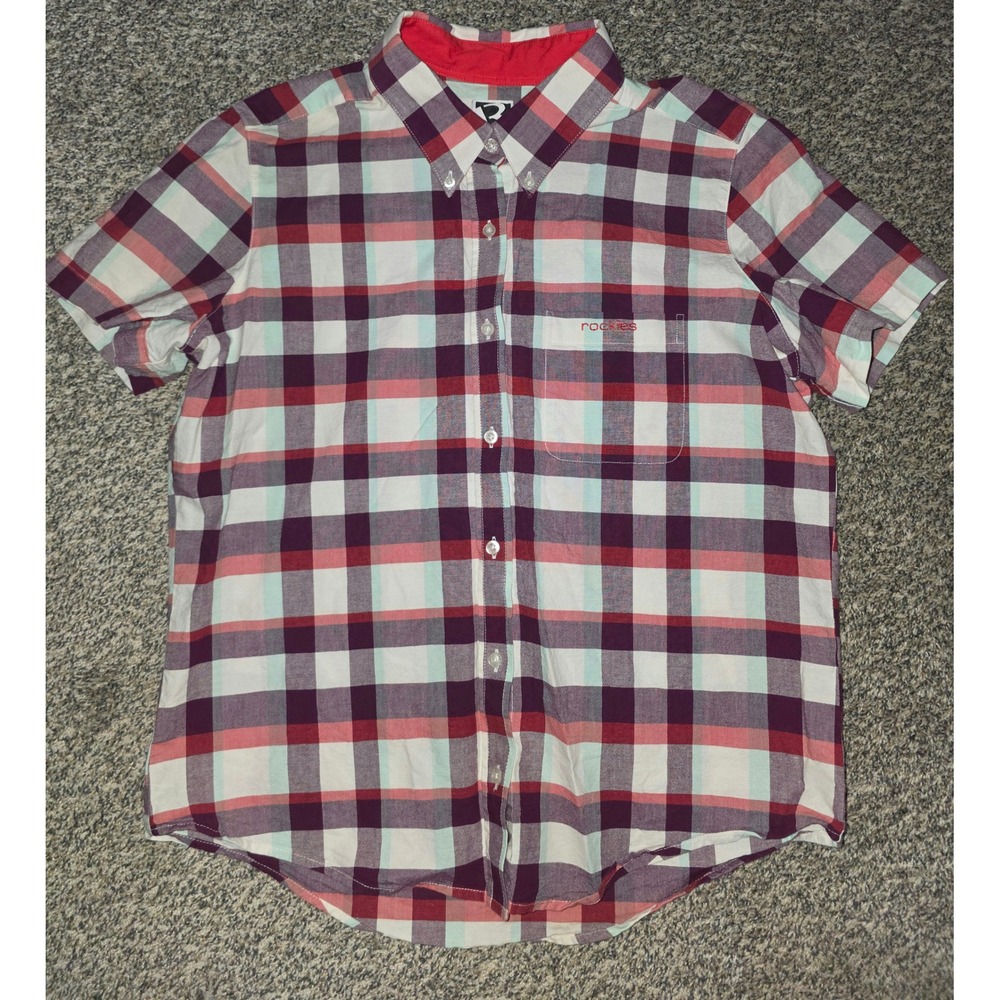 Rockies Boys Large Short Sleeve Plaid Button Down Shirt Red Purple White Teal